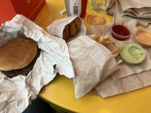A Frowny Meal is a lot of food. Sauces pictured: ketchup, green sauce, chipotle sauce. #Veganuary at Mr.Charlie's - Los-Angeles in Los Angeles