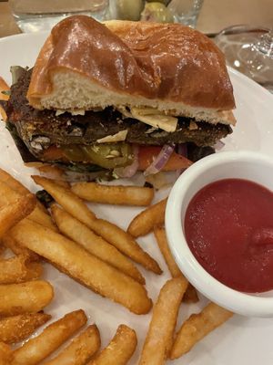Black bean burger and fries. No cheese or Mayo   at Saw Shop Public House in Kelseyville