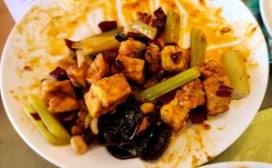 Half eaten Kung Pow Tofu at Tianze Dumpling House in Auckland