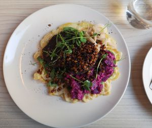 Gagn (Waffle with Vegan-burger, beetroot salad, pickled fennel in apple juice, baked lentils and some greens.) at Vasty Food & Drinks in Aalesund