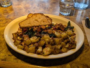 Northwest tofu scramble with homefries, sourdough bread at Old Town Cafe in Bellingham