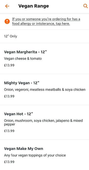 Vegan menu at Caprinos Pizza in Airdrie