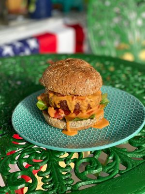 Queso Burger at Good Vibes Juice & Smoothie in Lake Placid