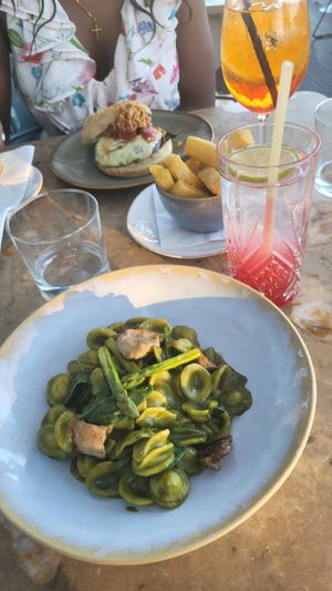 Pasta with basil pesto, asparagus and shitake mushrooms at Lumi Rooftop Restaurant & Bar in Lisbon