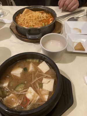 Kimchi jjigae with ramyeon, doenjang jjigae  at Gin Mi in Milan