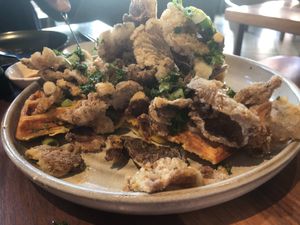 Chick'n & Waffle; the most amazing crispy mushrooms you could possibly imagine! at Planta in Bethesda