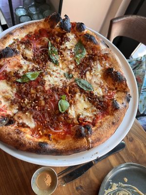 Spicy chorizo pizza-not spicy, kind of sweett  at Planta in Bethesda