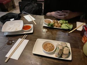Vegan summer rolls and prawnless crackers   at Pho in Nottingham