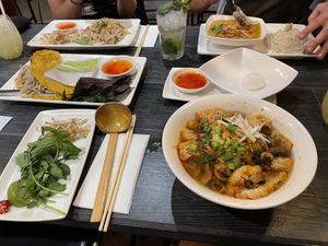Tofu and mushroom spicy pho and vegan rice paper pancakes  at Pho in Nottingham