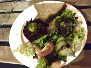 Beet tartare with „egg“ yolk (tomato based)   at Tisch in Vienna