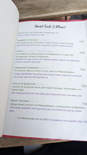 Menu / Main courses at Tisch in Vienna