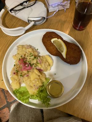 Schnitzel and potato saladd  at Tisch in Vienna