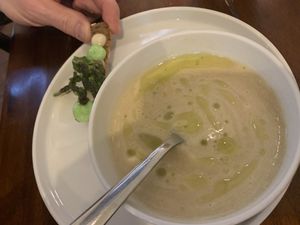 Creamy asparagus soup (seasonal)  at Tisch in Vienna
