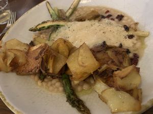 Asparagus with lemon beans and millet feuille potatoes (sooo yummy, also seasonal)  at Tisch in Vienna