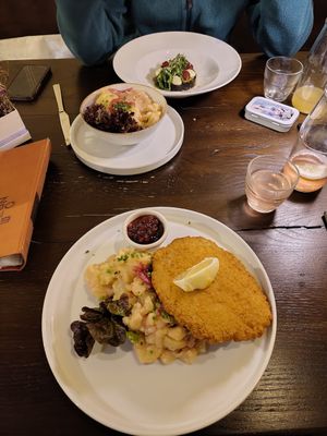 Wiener Schnitzel mit Erdäpfelsalat at Tisch in Vienna