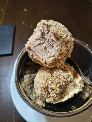 Mozart Eisknödel
Hazelnut-chocolate ice cream balls filled with marzipan, pistachio cream covered in caramelised hazelnut crumbs. at Tisch in Vienna