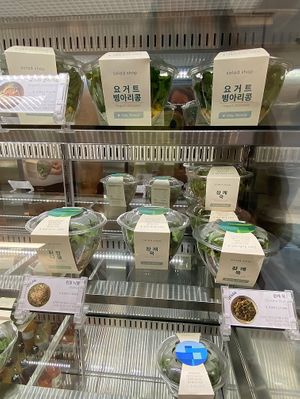 Clearly labeled premade options in the cooler!  Dressing on the bottom which is so smart.  Tasted great    at Salad Shop in Seoul