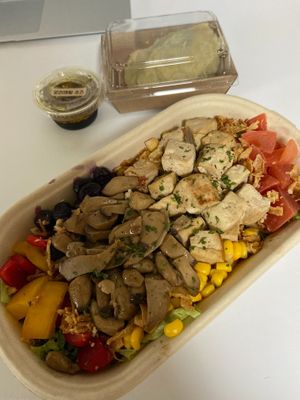 Tofu and mushroom salad + sweet potato mash + dressing at Yogur Sand 요거샌드 in Busan