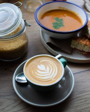 Soup, oat flat white at WYLDE Coffee in Heswall