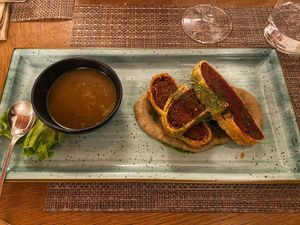 main course: beetrot-topinambur wellington at ORA in Florence