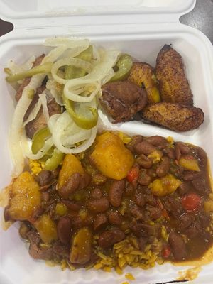 Vegan beefless steak entree with beans, rice, & plantains  at Earthy Picks in Orlando