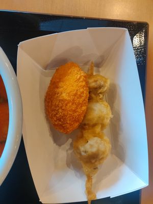 Croquette and mushroom tempura at Marugame Udon in San Francisco
