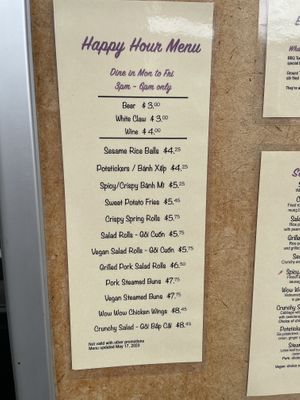 Happy hour menu with vegan options listed  at XinhXinh Bistro in Portland