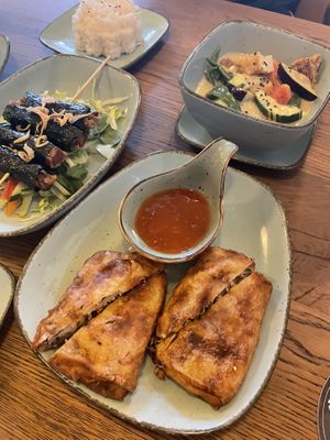 Vorne die Pilzrollen, hinten rechts das grüne Curry  at House of Vegan 182 in Berlin