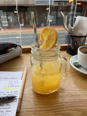 Freshly pressed orange juice (they press it right there in the café!)   at Lot 11 Café in Wrexham