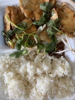 crunchy no meat pieces with rice at Huy Vege in Bratislava