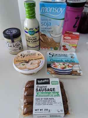 Coconut spread, Follow your heart Bleu Cheese, Whipping cream, Sheese cheese, Tofurky sausages at Veganoteca in Barcelona