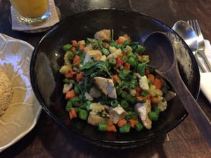Fresh vegetables and tofu, stir fried with chilli and basil, 145 baht at Anotai in Bangkok