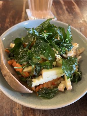 Stir fry coconut shoots with chilli and basil  at Anotai in Bangkok