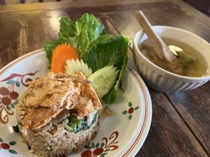 Stir fry rice with mixed vegetables, chili and basil  at Anotai in Bangkok