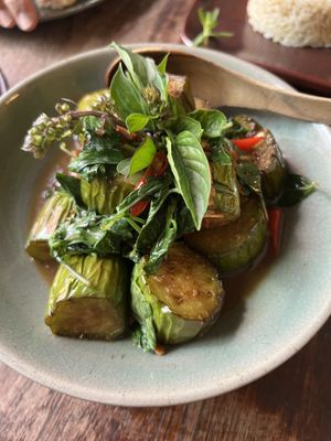 Stir fry eggplant with chili and basil  at Anotai in Bangkok