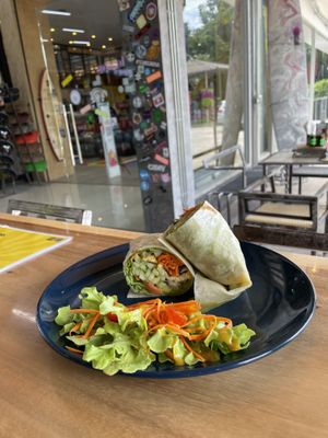 Tortilla wrap-Plant based cheese-Lettuce-Cucumber-Tomato-Fried tofu-Onion-Pepper-Soy sauce  at nTrance Cafe in Khao Lak