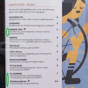 Menu May 2023 - 2 vegan options + a notation next to the croque monsieur that they have vegan cheese at Spaak in Groningen