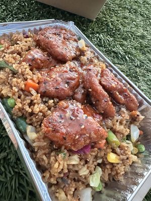 Chili chicken with vegetable fried rice  at Kraves Vegan Foods in New York City