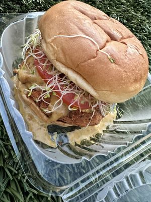 Delicious chicken sandwich  at Kraves Vegan Foods in New York City