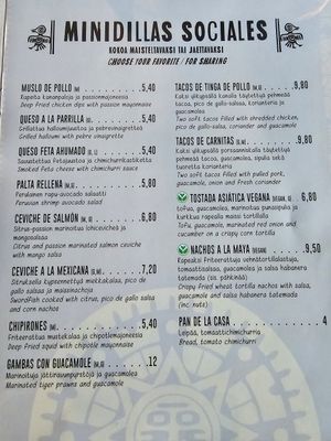 Menu. at Maya Bar and Grill in Helsinki