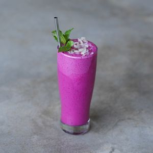 Red Dots: dragon fruit, mixed berries, banana, mango, and coconut milk at Warung Dua Hati in Canggu