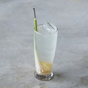 Ginger Tonic: soda water, ginger shot, lemon shot, and lemongrass at Warung Dua Hati in Canggu
