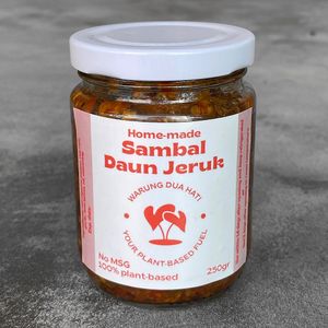 Home-made Sambal Daun Jeruk 250gr (GF): red cayenne pepper, red chili, garlic, lime leaves, oil, seasoning at Warung Dua Hati in Canggu