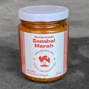 Home-made Sambal Merah 250gr (GF): red cayenne pepper, red chili, shallots, garlic, tomato, oil, seasoning at Warung Dua Hati in Canggu
