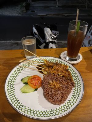 Tricken satay with red rice   at Warung Dua Hati in Canggu