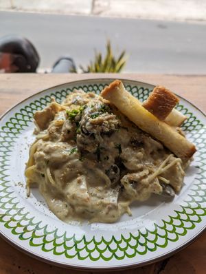 Creamy mushroom pasta at Warung Dua Hati in Canggu