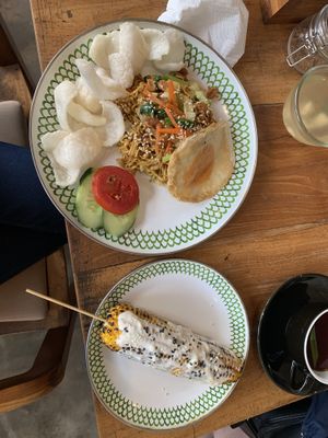 Mie Goreng (this was hot and fresh) and grilled corn cob.   at Warung Dua Hati in Canggu