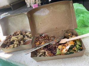 nasi campur with added egg and satay chickenn  at Warung Dua Hati in Canggu