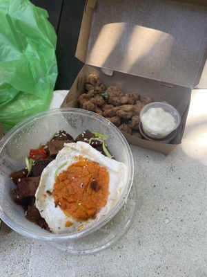 cauliflower wings and pork rice bowll  at Warung Dua Hati in Canggu