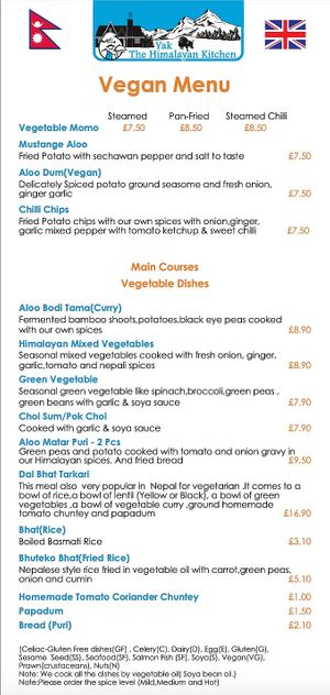 Vegan menu (2025) at Yak The Himalayan Kitchen in Swindon